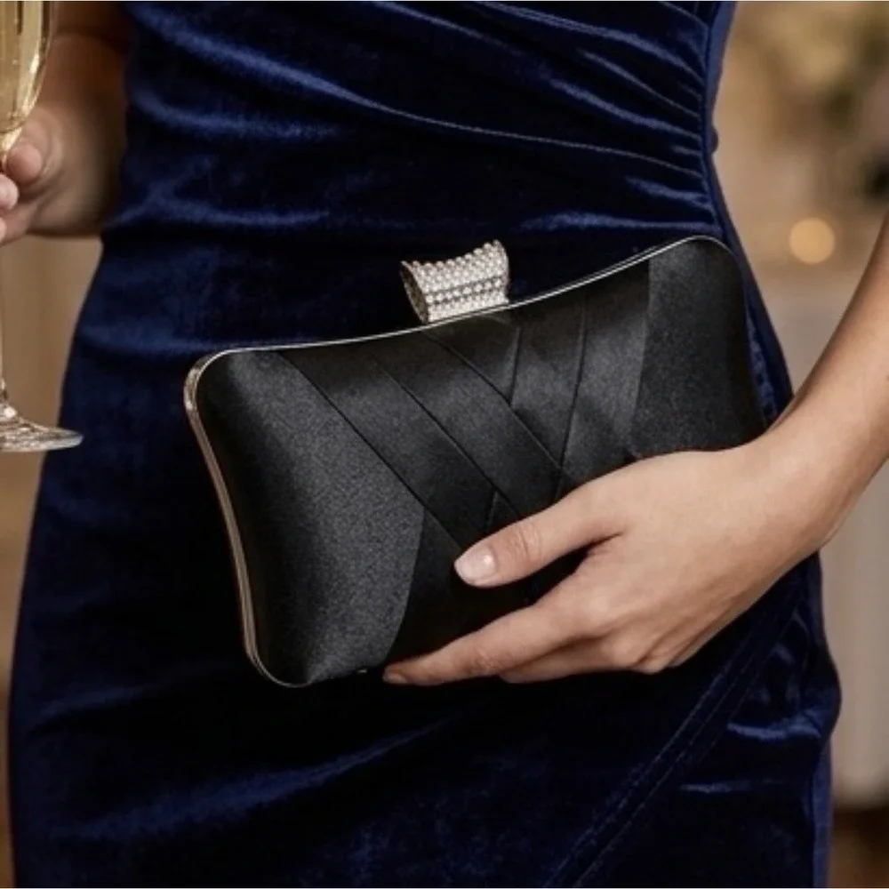 Vintage Style  Satin Clutch Rhinestone Evening Bridal Prom‎  Hard Case